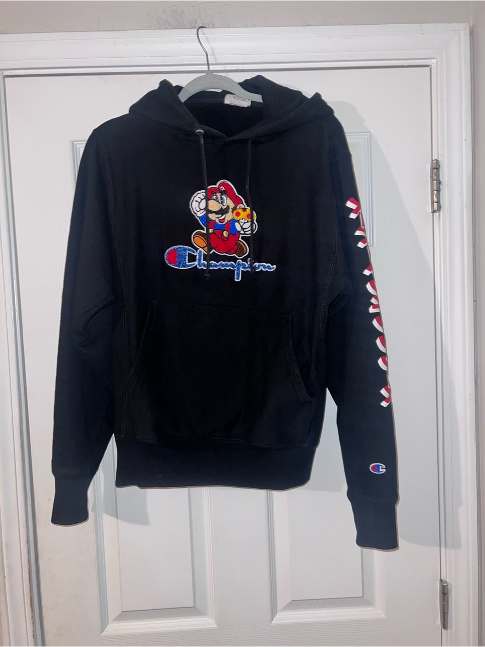 Champion x Super Mario Bros. Reverse Weave Kanji Hoodie textured chenille Mario